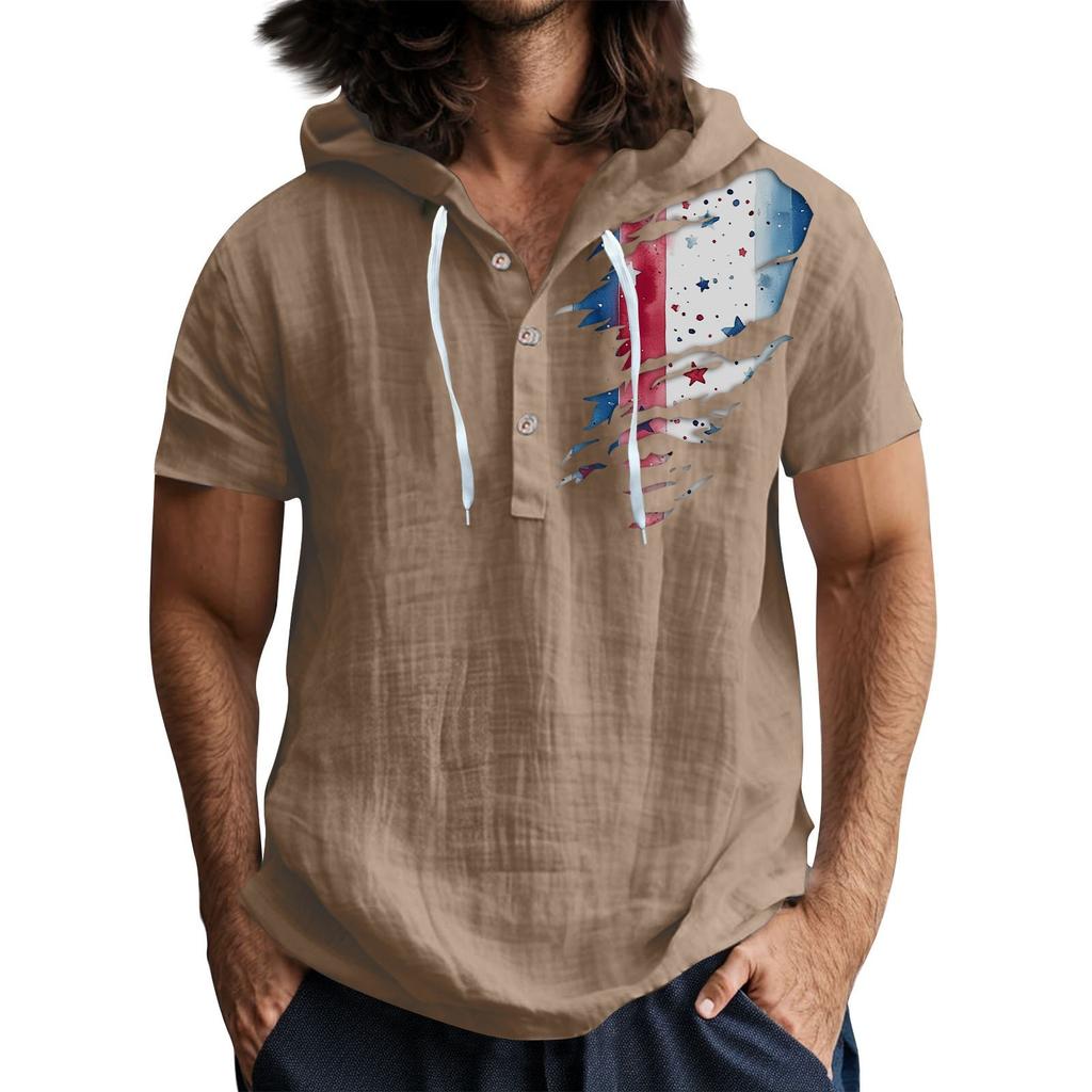 Men'S Casual Short Sleeved Hooded Top Buttoned Open Neck T-Shirt