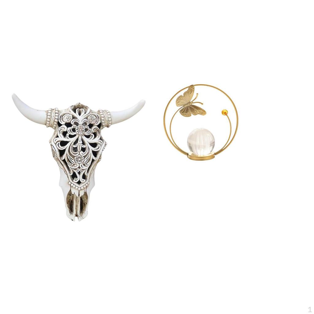 Tribal Bull Head Crystal Ball Sculpture Wall Hanging Art Metal Figurine Ornament for Office