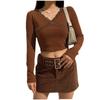 Women's Lace Ribbed Knit Long Sleeve T-shirt, Solid Color Bodycon Cropped Top, Streetwear Fashion