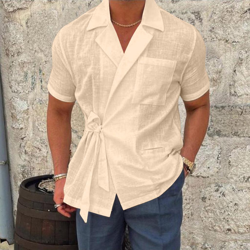Herredress i ensfarget bomullslin med jakkeslag og knytebluse med korte ermer