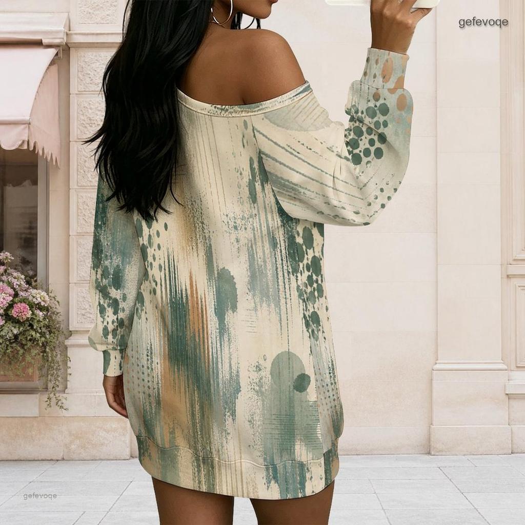 Women Plus Size Off Shoulder Long Sleeve Geometric Print Loose Tunic Dress