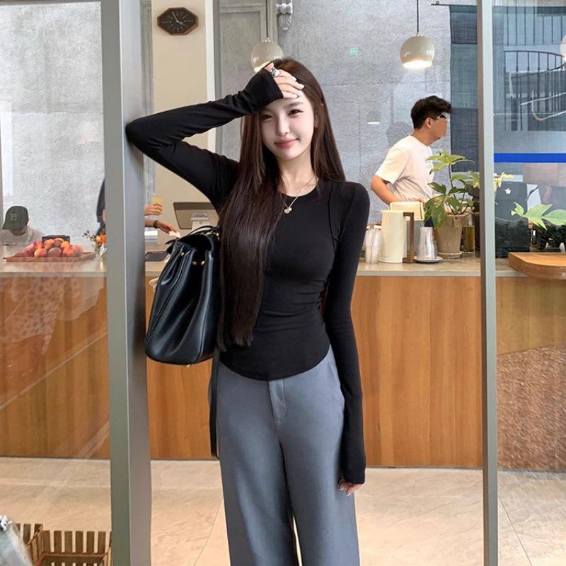 

Korean Style Round Neck Long Sleeve Slim Fit T-Shirt for Women - Early Autumn L (105-115 kg) чорний