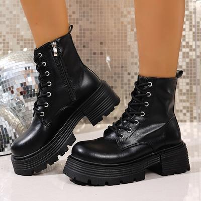 Klobige Plateau-Ankle Boots für Damen Dicke Sohle Rutschfest Schwarze Combat Booties Damen Herbstmode PU-Leder Botas Mujer 2025