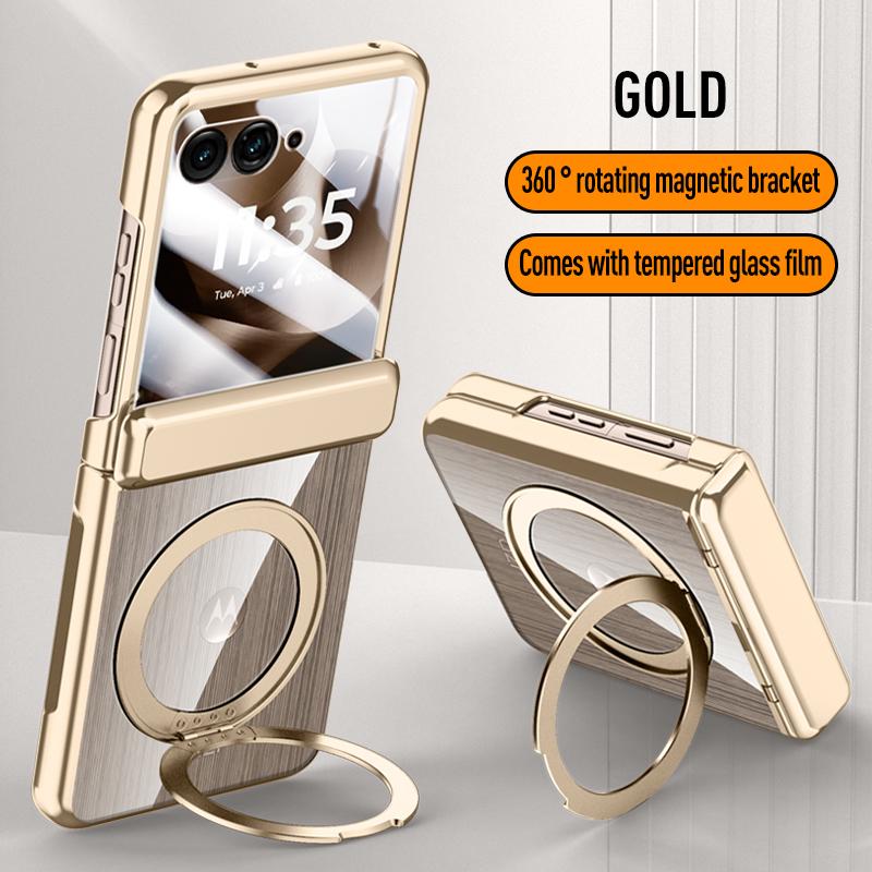 For MOTO Razr 60 60 Ultra 360° Swivel Alloy Bracket Magnetic & Bracket & Ring 3-in-1 Tempered Glass Film Anti-Drop Phone Case