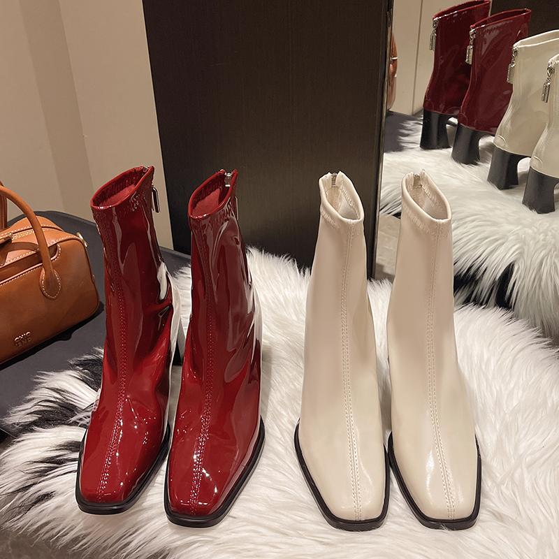 New High Quality Ladies Shoes Zipper Women's Boots Autumn Square Toe Solid Short Barrel Chunky Heels Fashion Mid Calf Boots