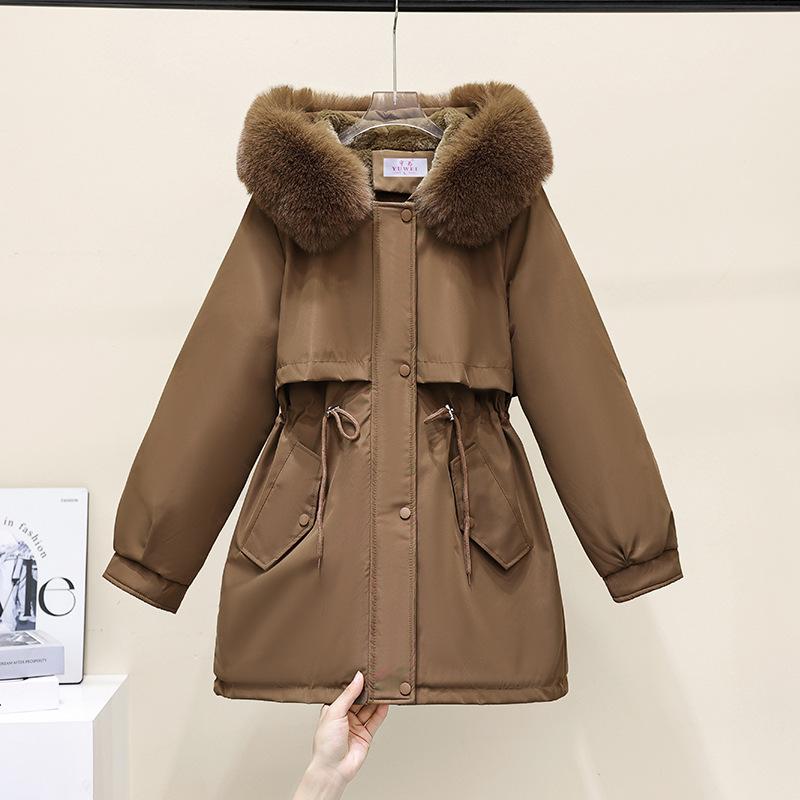 Daunenjacke mit Fleece-Futter und Kapuze, Wintermantel für Damen, warm, gepolstert, Parkas mit Kordelzug, koreanische Casual Streetwear, Puffer-Oberbekleidung für Damen