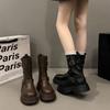 Brown Medium Tube Wear Heightening Spring and Autumn British Style Martin Boots Thick Sole Fold New Fashion Two Children Short Boots 2025