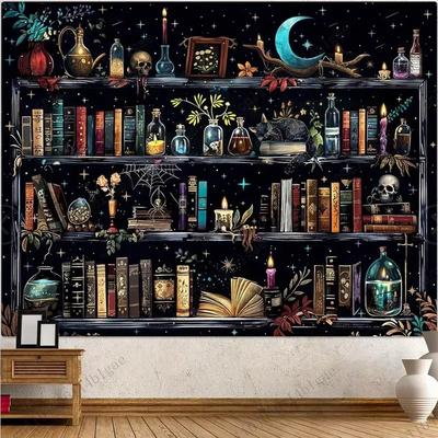 Mystic Bookshelf Tapestry Magic Library Illusion With Witchy Potions Black Cat Gothic Wall Art For Bedroom Study Hippie Gothic