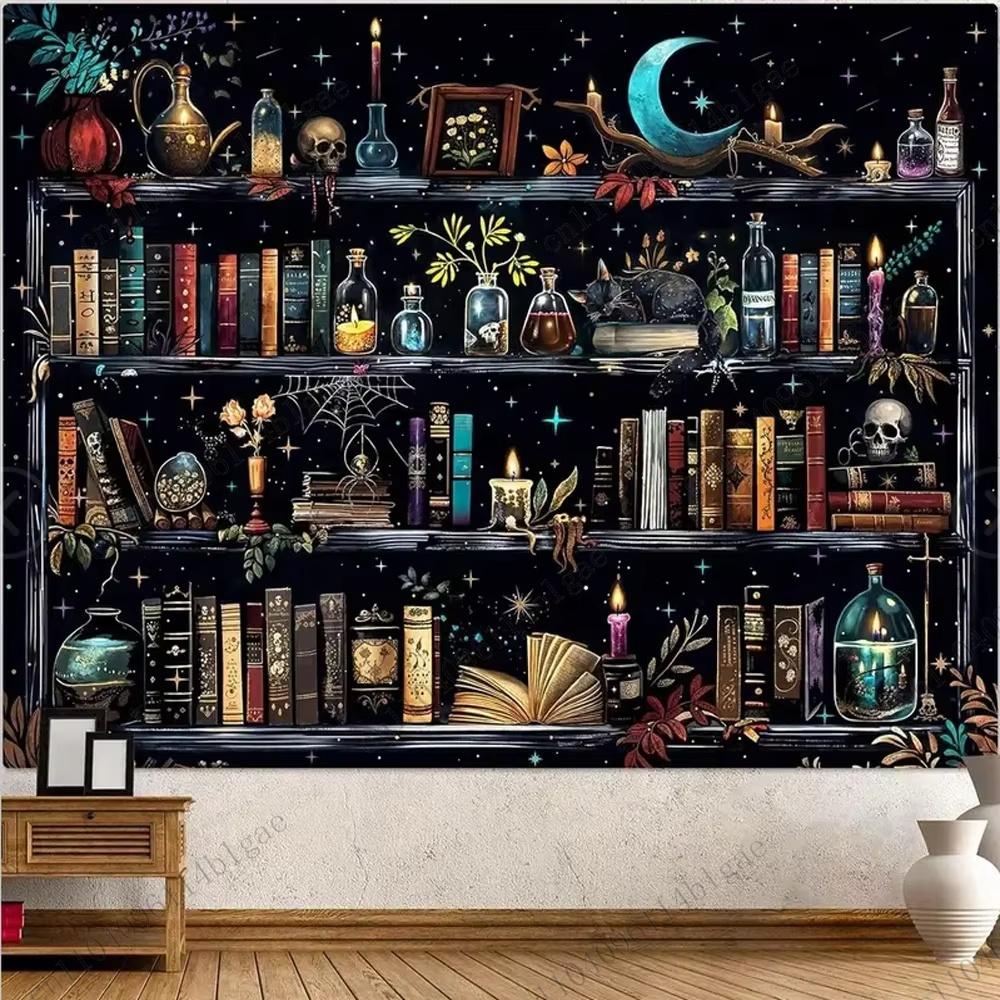 Mystic Bookshelf Tapestry Magic Library Illusion With Witchy Potions Black Cat Gothic Wall Art For Bedroom Study Hippie Gothic