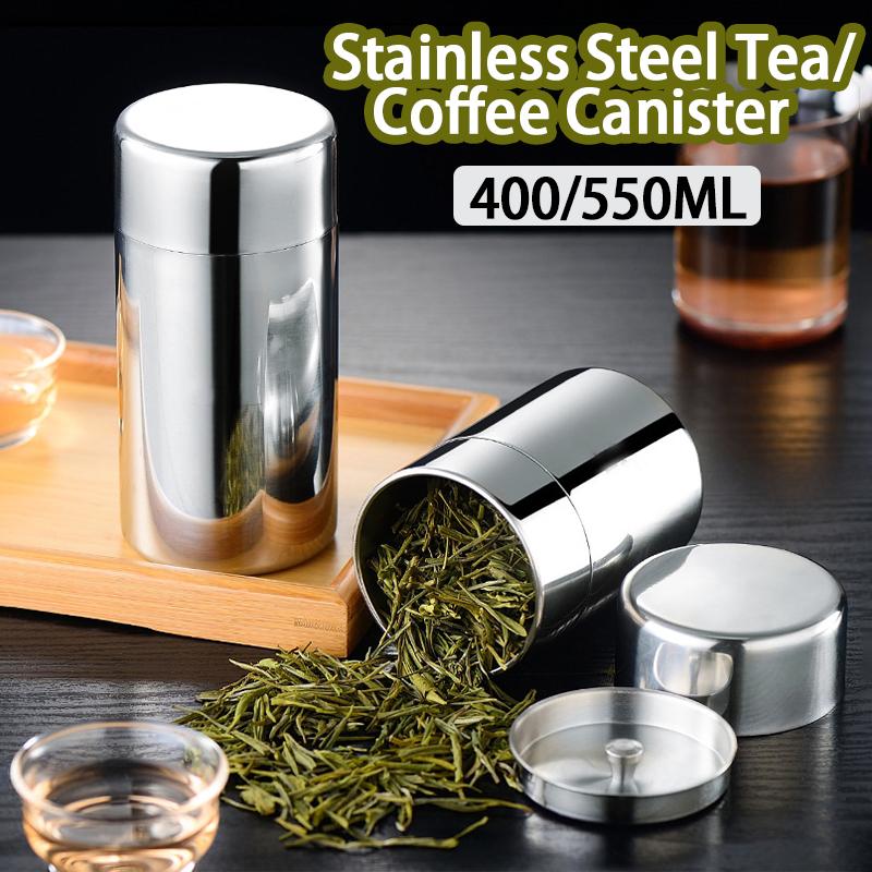 400/550Ml Tea/Coffee Canister With Airtight Double Lids For Loose Tin Containers Stainless Steel Storage