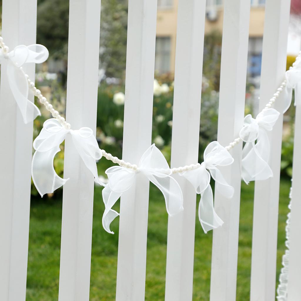 Elegant White Organza Ribbon and Pearl Garland, Wedding Party Decor, Bridal Shower Hanging Garland with Bows, Home Decor Banner