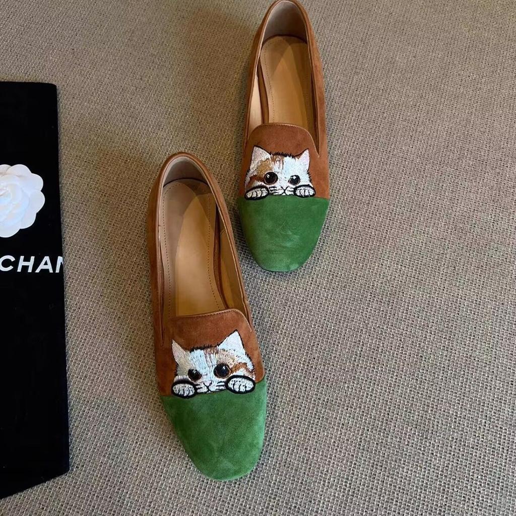 Feerldi Emboridery Cat Flock Shoes Woman Designer Two-tones Loafers New Arrival 2025 Low Heels Ladies Square Toe Moccasin Shoes
