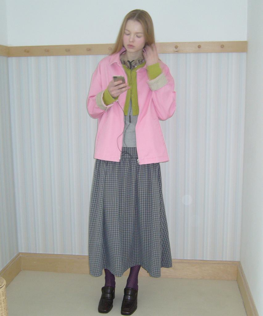 Forev Checked Shirring Long Skirt - Gray
