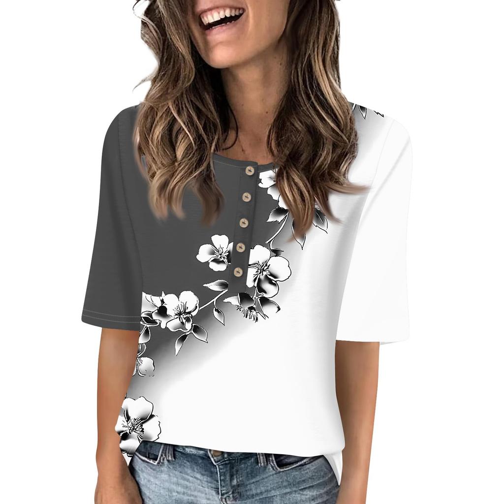 Shirts For Women Trendy Round Neck Button T Shirts Printed  Blouse Half Sleeve Tops For Women