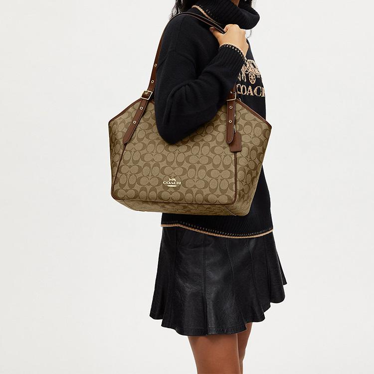 Coach Meadow 33 Logo Classic Monogram Zip Closure Canvas And Leather Tote Bag Women tote Khaki CM076-IME74
