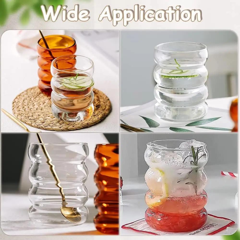 4 Pezzi Tazze di Vetro Creative Tazza da Caffè Bicchieri Trasparenti da Bere Tazze in Vetreria Rigata Set Bicchieri da Cocktail Frutta con Cannucce Bicchieri