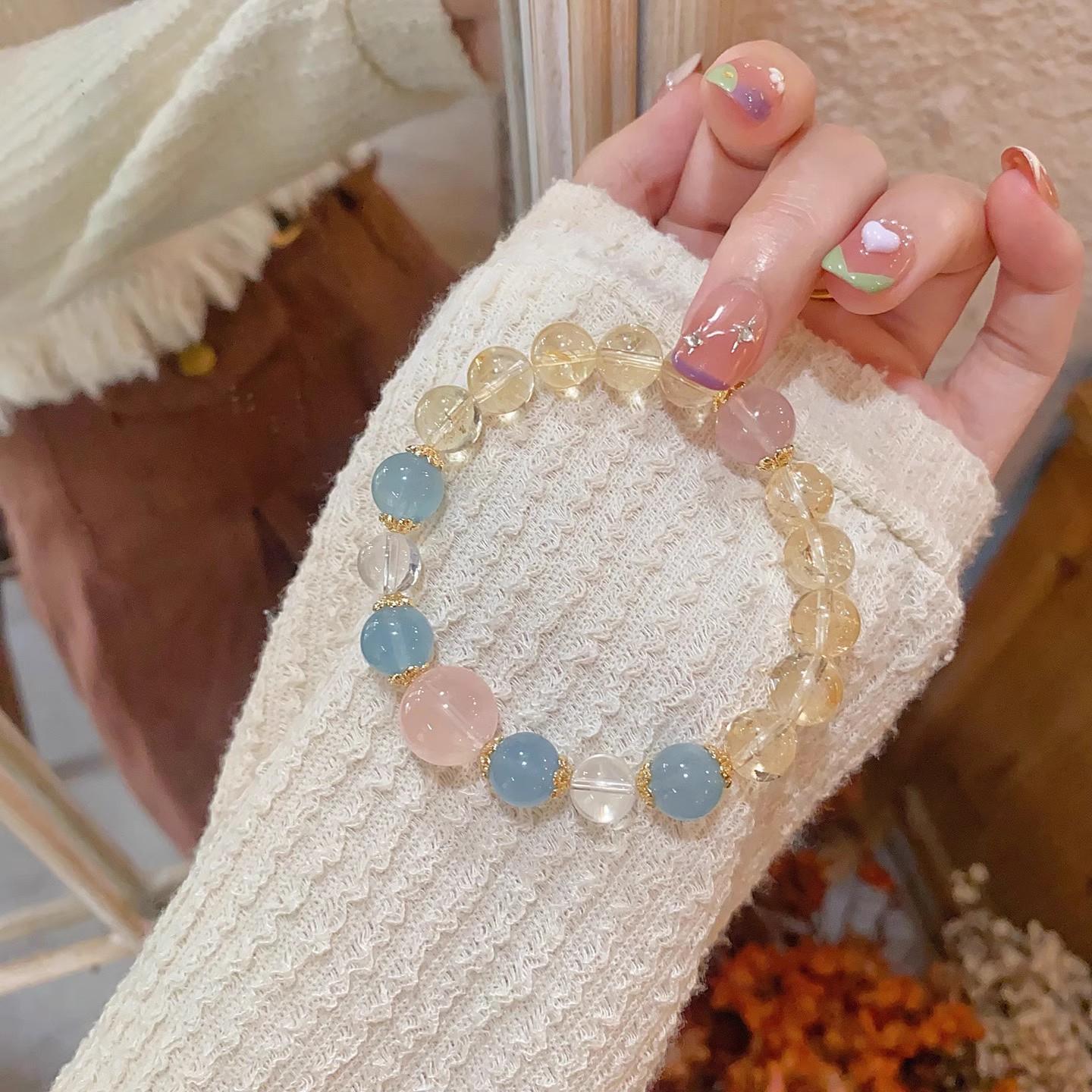Natural Rose Quartz Bracelet for Attracting Love, Blue Needle Amethyst, Aquamarine, Citrine, Wealth and Luck Attracting Bracelet, Niche Product Mo Fen+Blue Needle+Aquama