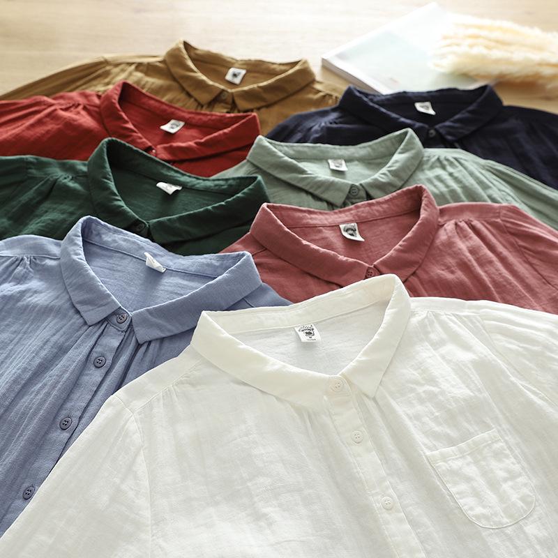 Pure Cotton Women's Lapel Pleated Blouse - Solid Color, Long Sleeve, Double Layer Yarn, Spring/Autumn.