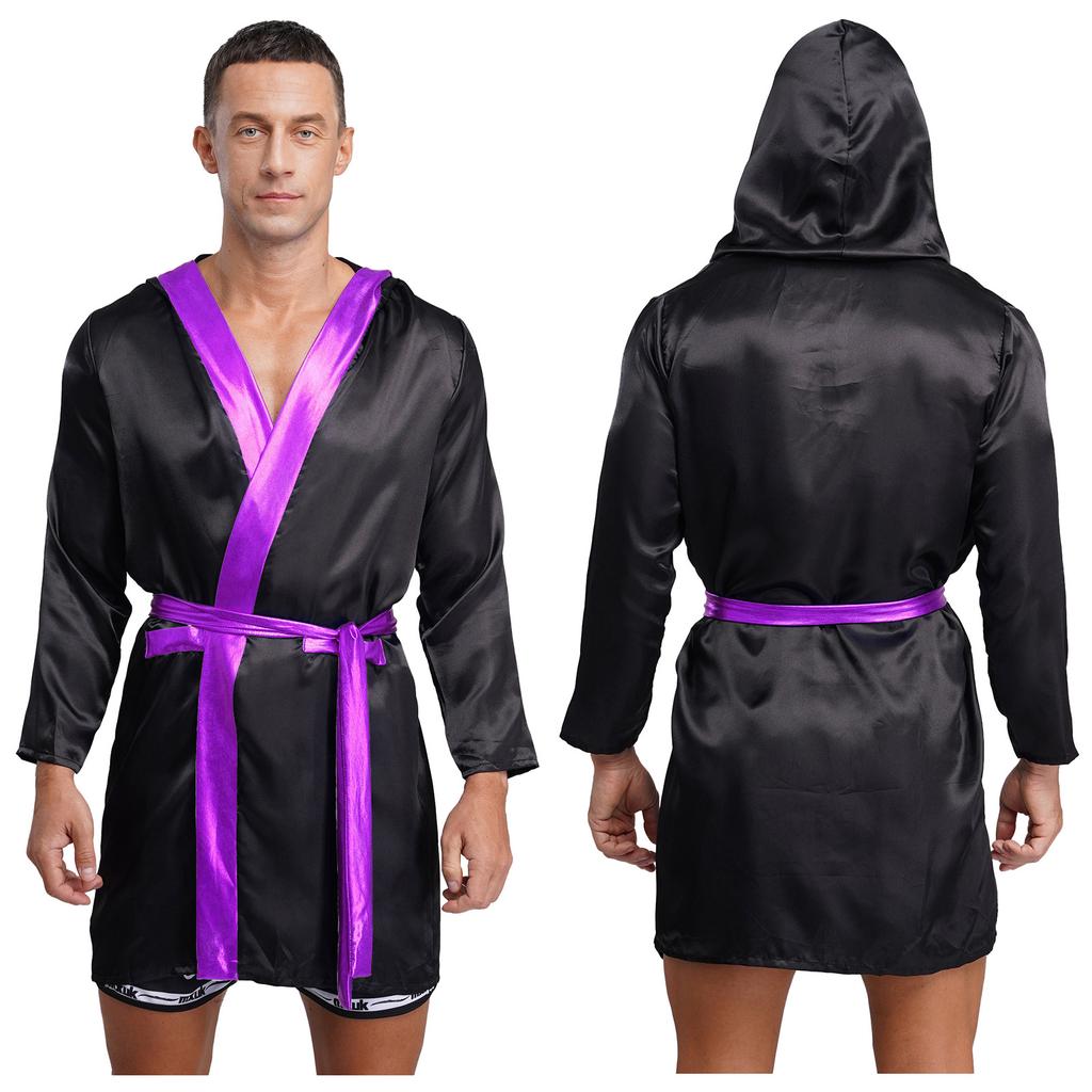 Mens Satin Hooded Cloak Shiny Trim Open Front Belt Boxing Robe
