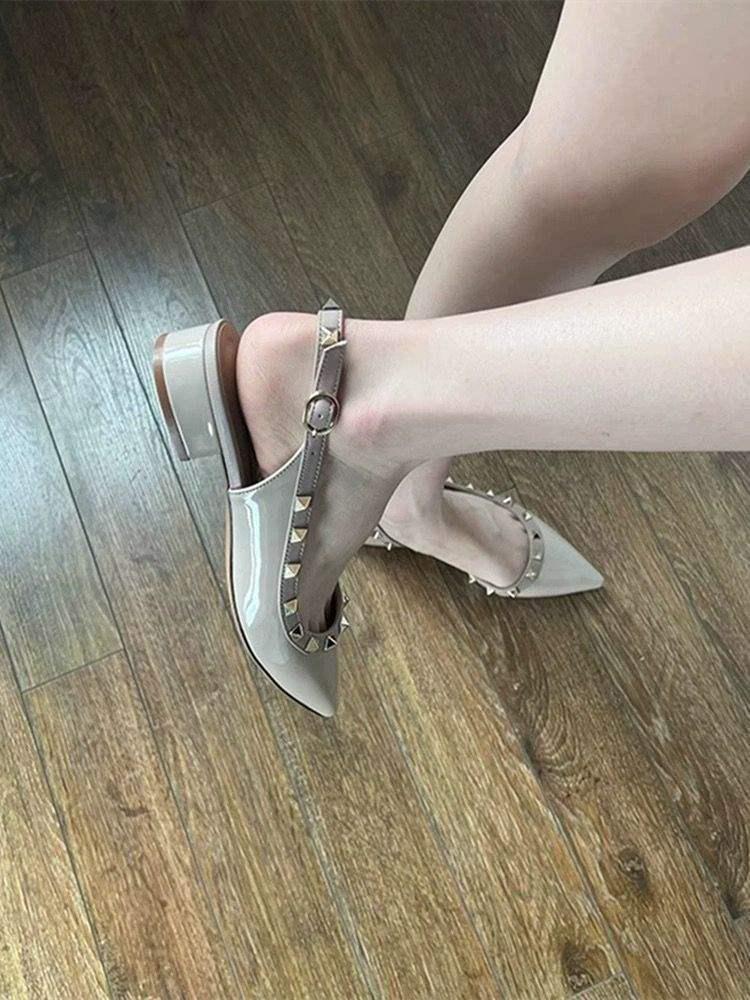 2025 Summer Nude Patent Leather Pointed Toe Chunky Heel Flats for Women