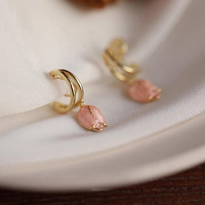 Luxury Europe and America, flower earrings, pink tulip oil earrings, high temperament sweet girl earrings