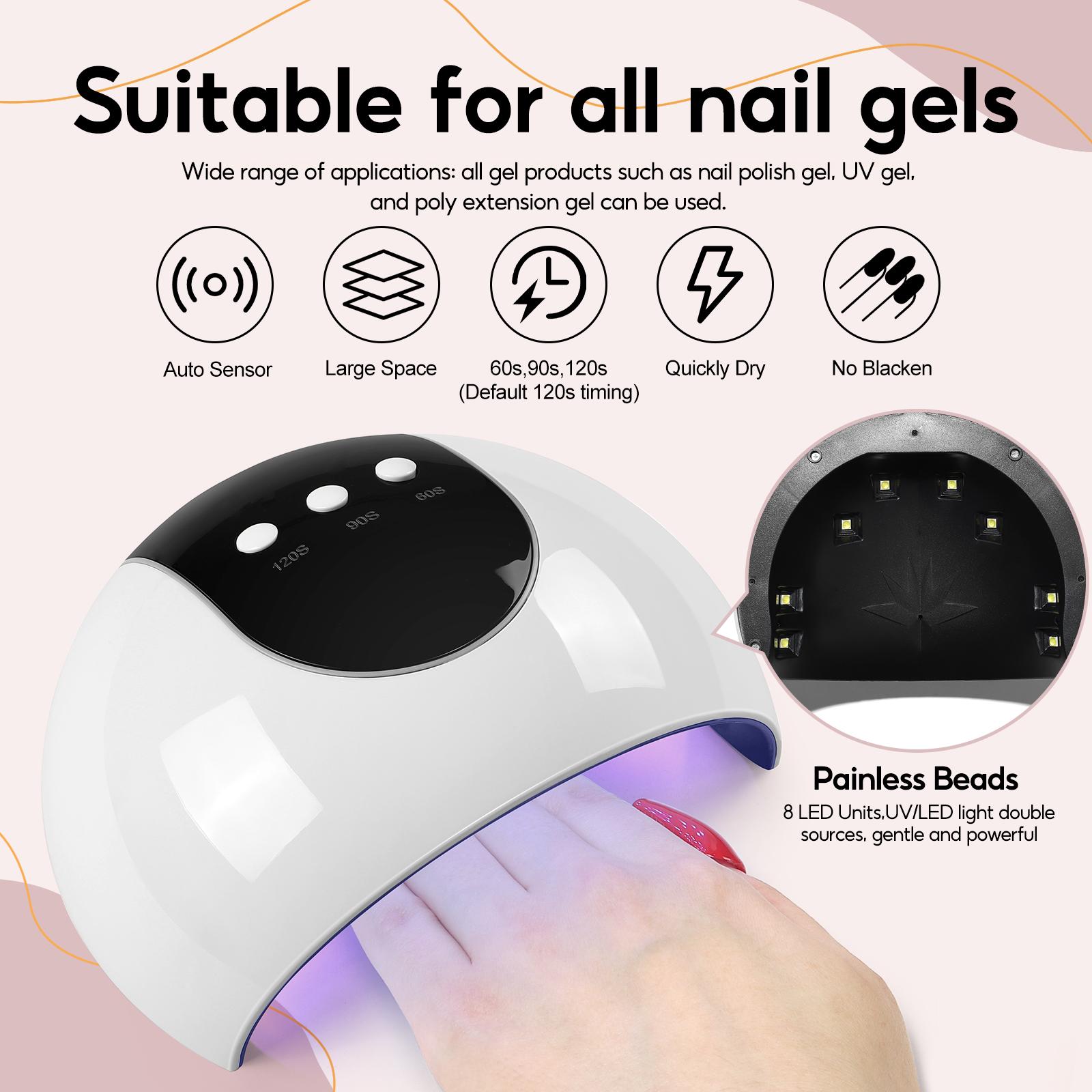 

24 Вт УФ-светодиодная лампа для ногтей Лампа для сушки ногтей Инструмент для отверждения гель-лака для ногтей Набор инструментов для дизайна ногтей УФ-свет с автоматическим датчиком 8 шт. Лампочки для УФ-сушки геля