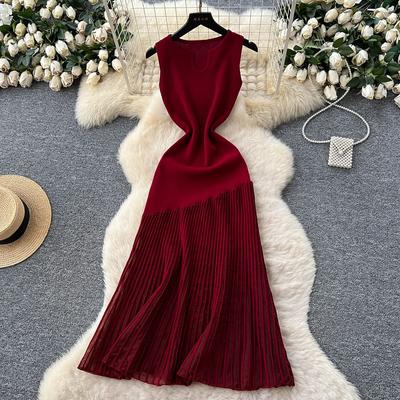 High-end Knitted Splicing Irregular Mesh Dress Women's Summer French Waist and Thin Temperament Sleeveless Long Dress