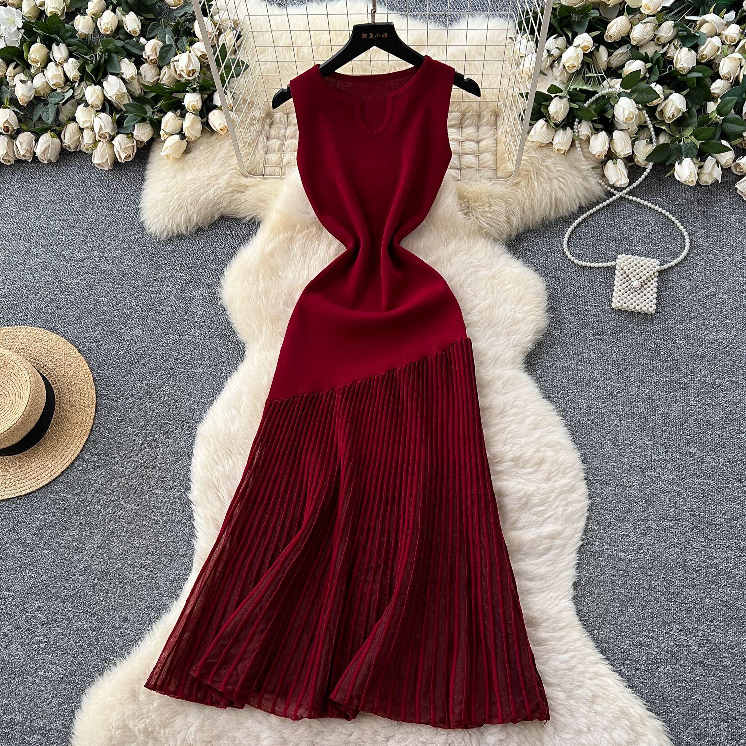 

Высококачественное вязаное платье с нерегулярной сетчатой вставкой, женское летнее французское платье с талией и тонким темпераментом, без рукавов, длинное one size бордовый