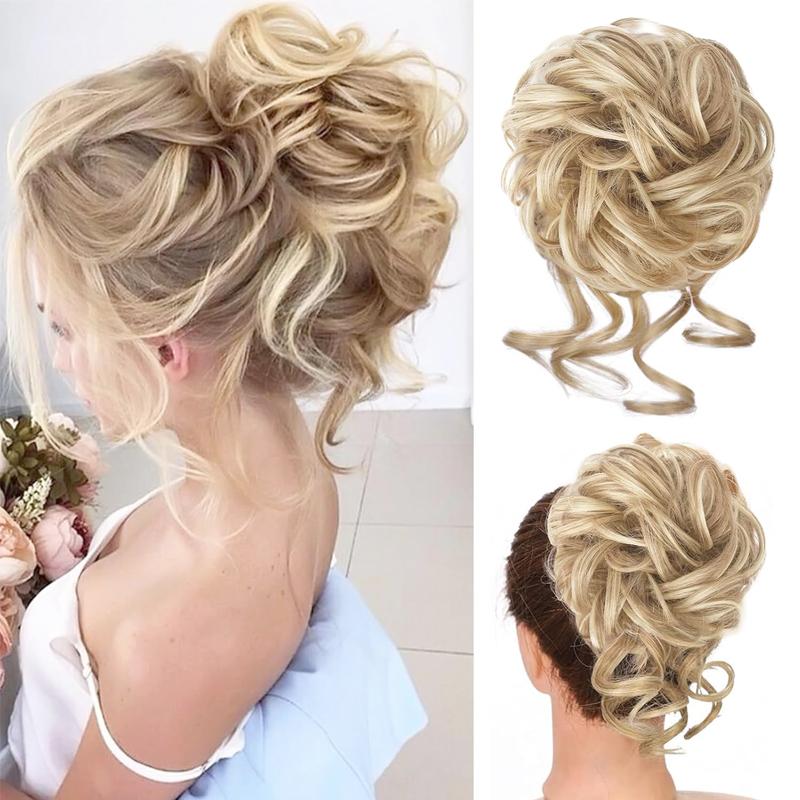 Unordentlicher Dutt Haarteil Wellig Lockig Synthetisch Hochsteckfrisur Chignon Fake Scrunchies Pferdeschwanzverlängerung für Damen Dunkelbraun