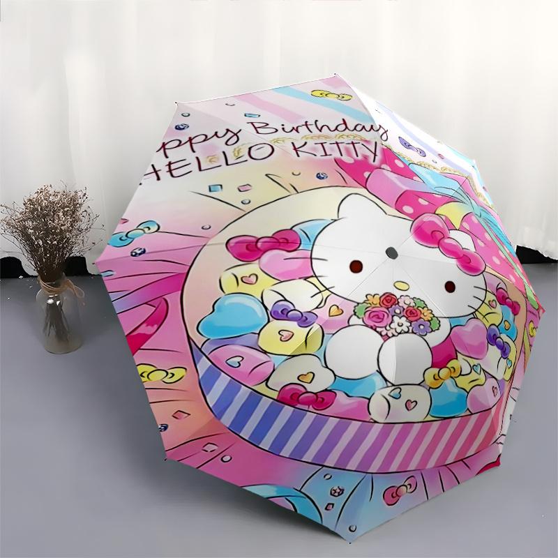 1pc Hello Kitty Birthday Gift Basket with Flowers - Automatic Opening Umbrella, Portable Folding Design, 8-Rib Iron Frame Outdoor Umbrella, Festival G