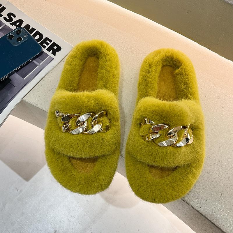 Height heel thick bottom fluffy slippers women wear autumn and winter cotton drag chain Internet celebrity popular plush slippers spring and summer