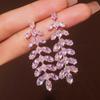 2pcs fashionable and high-end long tassel full Zircon leaf earrings for women's banquet dress accessories