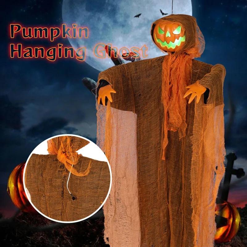 1PC Halloween Pumpkin Party Decoration Hanging Head Green Light Rotating Pumpkin Glowing Sound Hanging Prop Courtyard