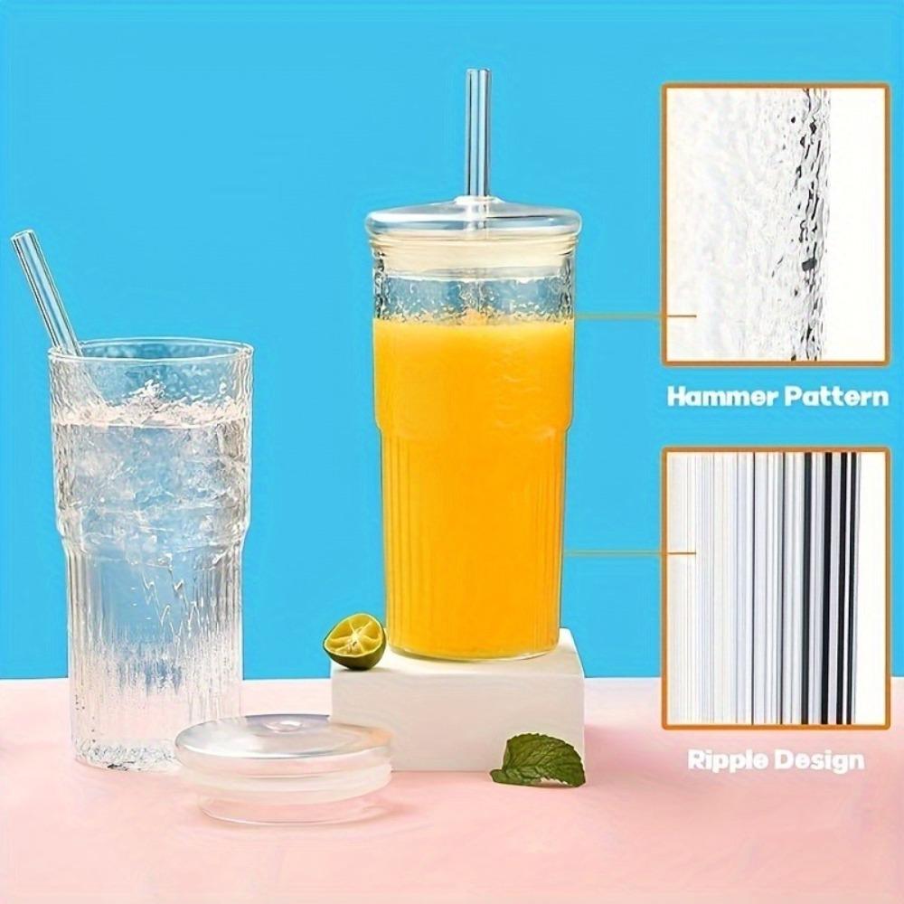 Stripe Glass Cup with Lids and Straws High Borosilicate Tumblers Transparent Drinking Glasses for Iced Coffee Cup Tea Water Cups