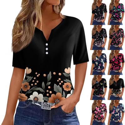 T-shirt femme imprimé bouton manches courtes quotidien week-end mode basique col en V haut régulier