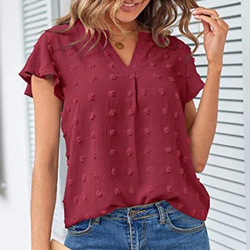 Elegante Büro Dame Chiffon Bluse Frauen Tops Shirts 2023 Sommer Einfarbig Kurzarm V-ausschnitt Kleidung Blusa Mujer 25836