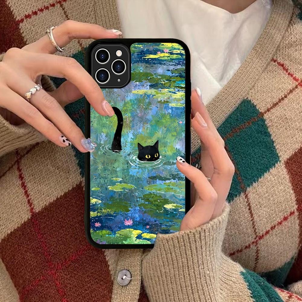 Cartoon Animal Black Cat Oil Painting Phone Case Silicone PC+TPU For For IPhone 11 12 13 14 15 16 Plus Pro Max Cover
