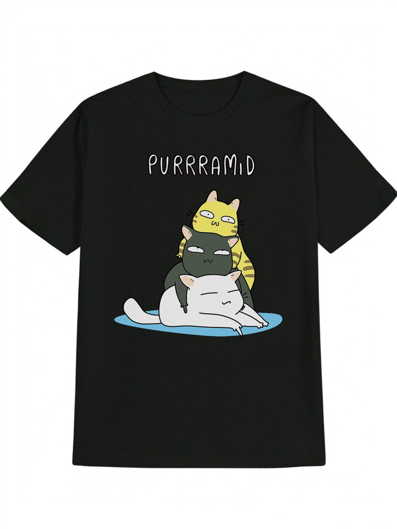 

Casual Short Sleeve T-shirt - Black with White Cats & Blue Background Print S