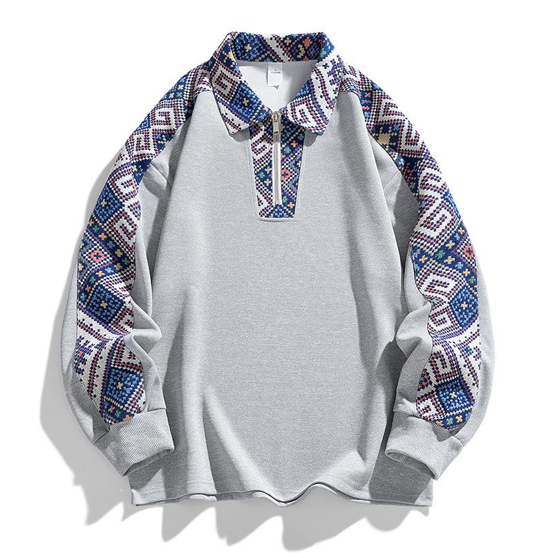 

Худи с воротником поло в стиле пэчворк-жаккард для пар, универсальный пуловер с длинным рукавом M серый