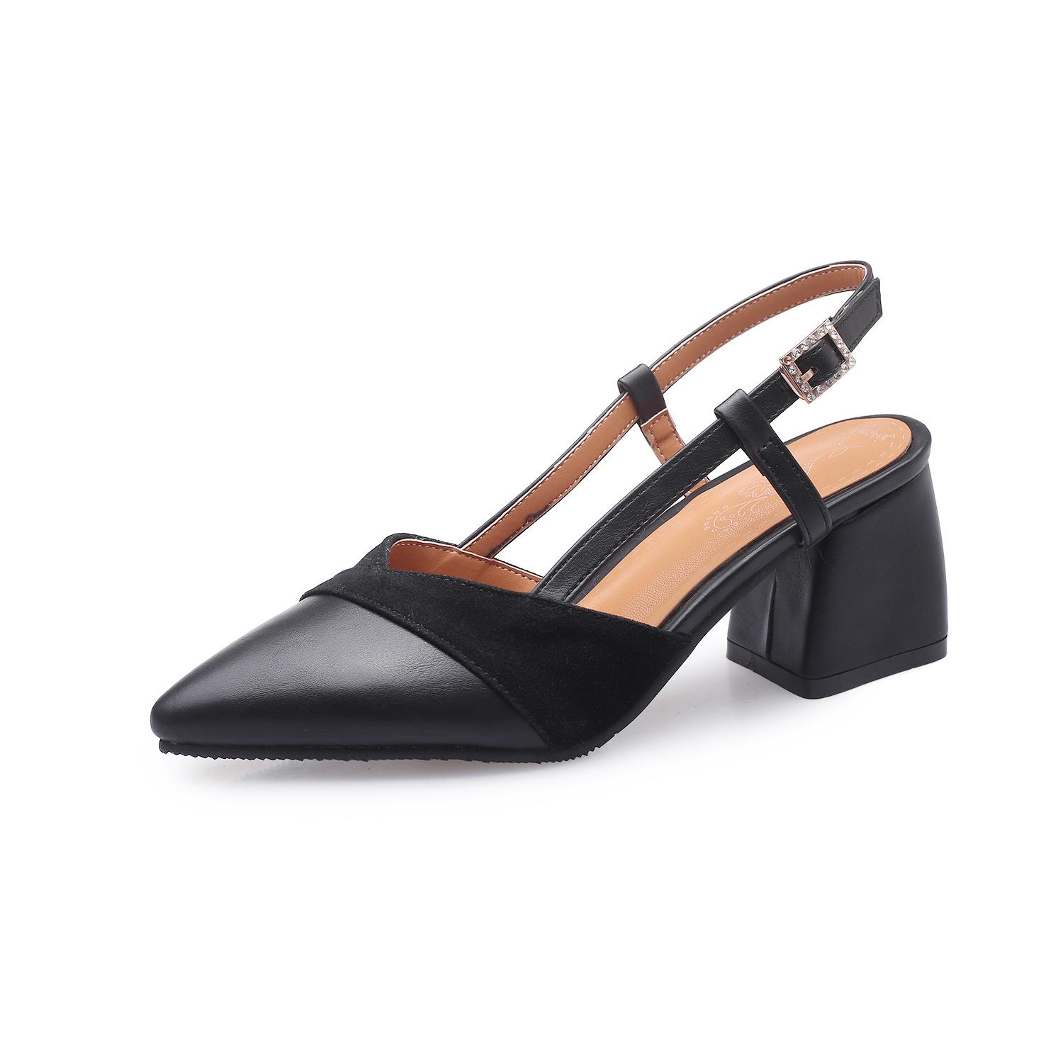 

KNCOKAR 2025 новый стиль туфли с острым носком баотоу с открытой пяткой сандалии на толстом среднем каблуке большой размер 34-46 39 чёрный