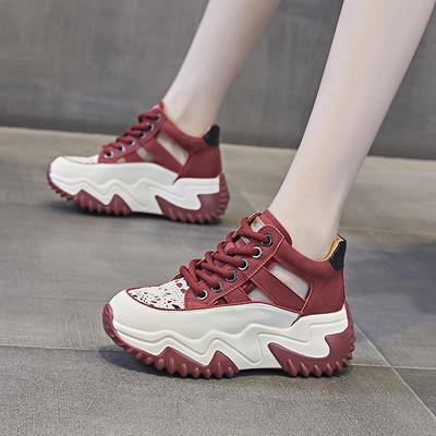Inner Height Daddy Shoes Women's New Summer Breathable Leather Hollow Casual Sneakers Platform Sandals
