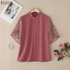 ZANZEA Women Casual Stand Collar Summer Splice Short Sleeve Blouse