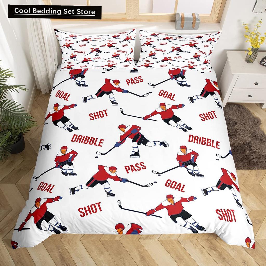 Comforter Ice Hockey Puck Hockey Player Winter Event Bedding Set Boys Sports Game Black Polyester Comforter