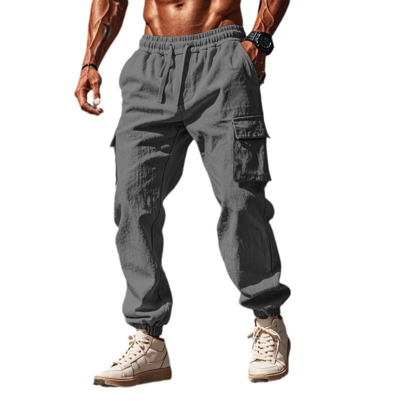 

Мужские хлопковые льняные длинные брюки-карго, брюки на шнурке, спортивные повседневные мужские брюки с эластичной резинкой на талии и карманами, свободные тонкие прямые брюки-шаровары XXXL серый