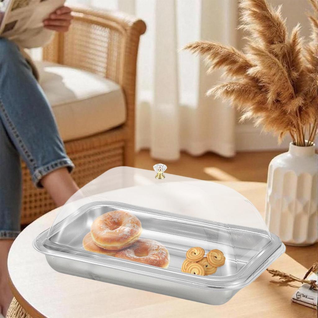 304 Stainless Steel Serving Tray with Dome Lid Food Rectangular Platter for