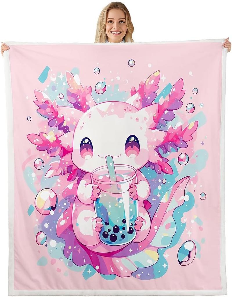 Cute Pink Axolotl Blanket Soft Fleece Throw Cherry Blossom Design Fantasy Art Kids Room Decor