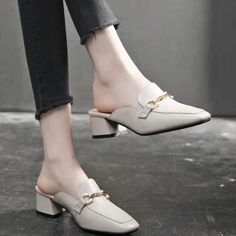 Baotou Half Slippers Women's Outer Wear 2025 Summer New Thick Heel Cool Slippers Muller Shoes Mid Heel Square Head Retro Single Shoes