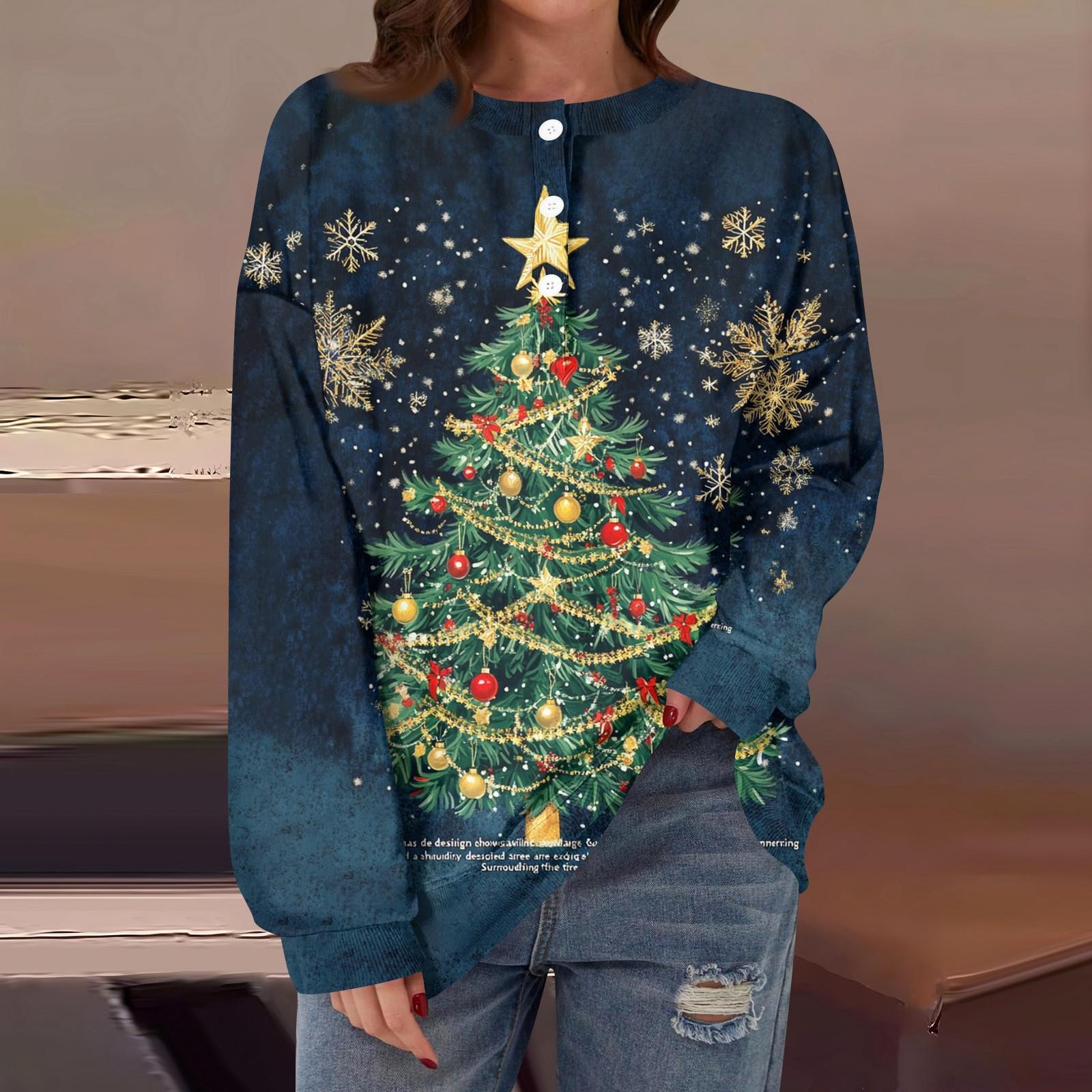 

Жіночі повсякденні модні зручні різдвяні принтові футболки з довгим рукавом і круглим вирізом на ґудзиках. XL