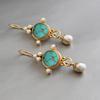 Vintage Oval Inlaid with Round Green Stone Hanging Metal Imitation Pearl Earrings Creativity Party Dangle Earrings for Women
