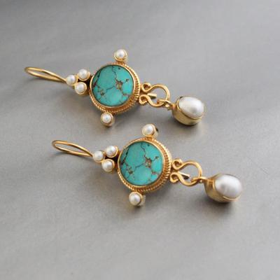 Vintage Oval Inlaid with Round Green Stone Hanging Metal Imitation Pearl Earrings Creativity Party Dangle Earrings for Women